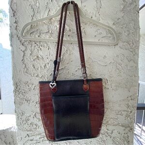 Brighton Leather Caroline Bucket bag Black Brown Croc Embossed Braided Straps